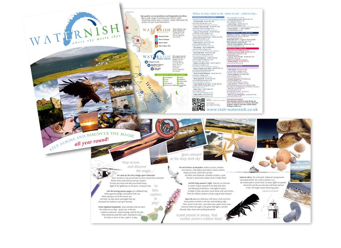 An A5 6 page communication leaflet for the destination tourism group Visit Waternish.