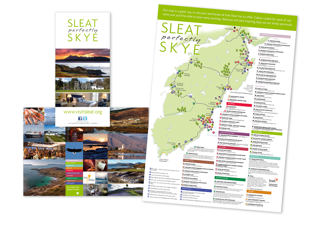 An A5 folding to A3 communication leaflet and logo design for Visit Sleat.