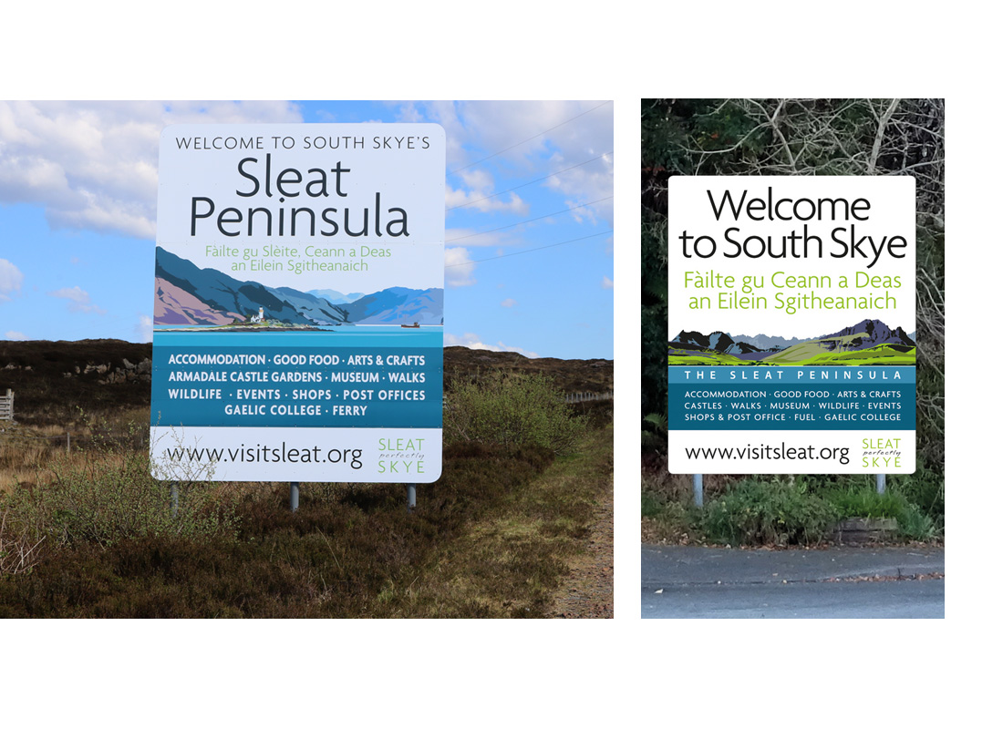 Two large welcome signs for the Sleat peninsula designed and illustrated by mcdcreative.