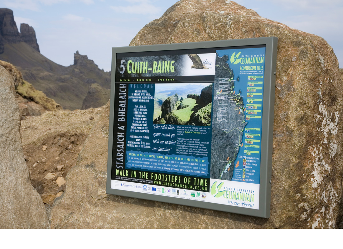 Ceumannan – Staffin Ecomuseum is a museum without walls! Set in the landscape are 13 sites with interpretive boards designed and illustrated by myself.
