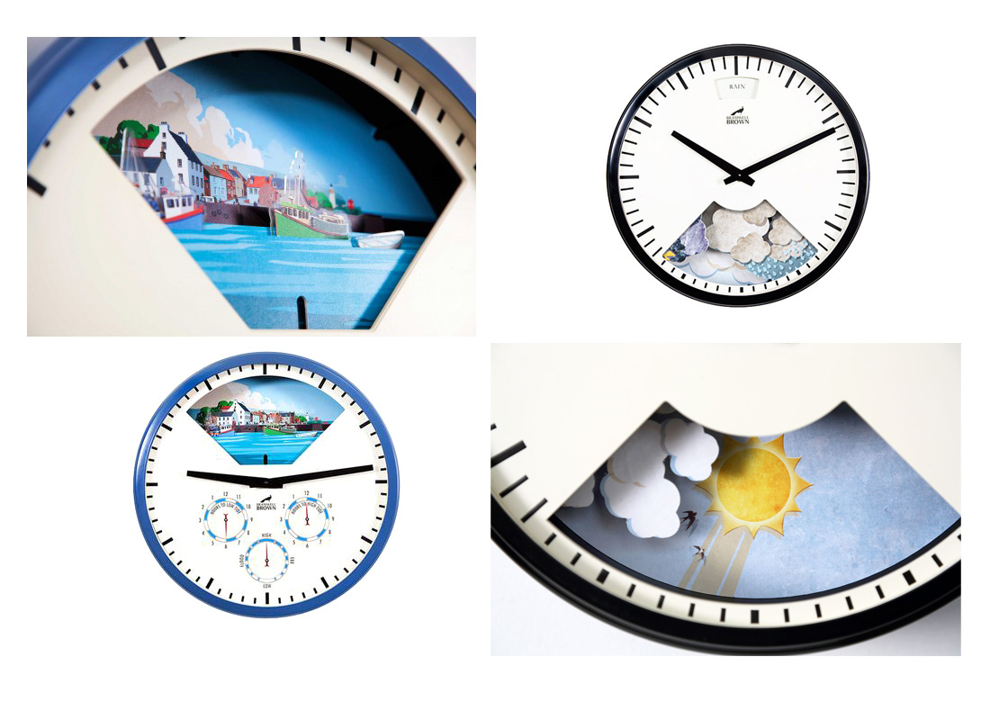 Bramwell Brown the creators of mechanimated clocks commissioned me to illustrate their much acclaimed animated Tidal barometer and Weather clock.