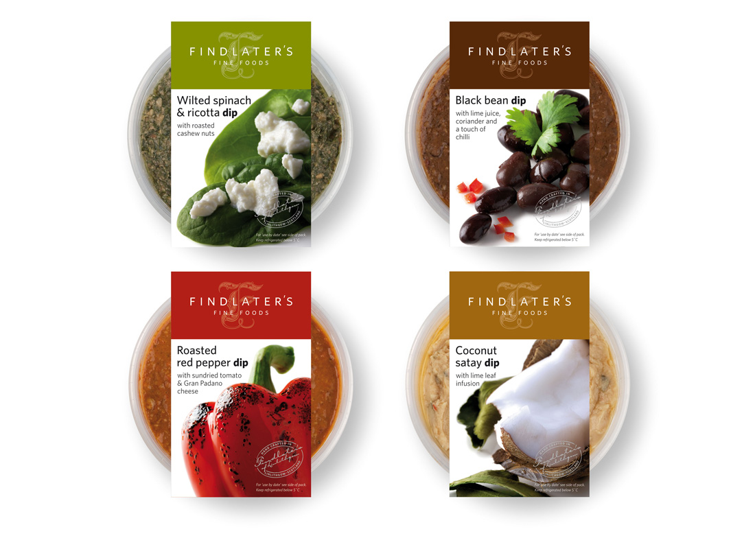Findlater’s Fine Foods asked me to design the packaging for their new range of dips, using strong product photography (taken by myself) the packs make a striking addition to their range.