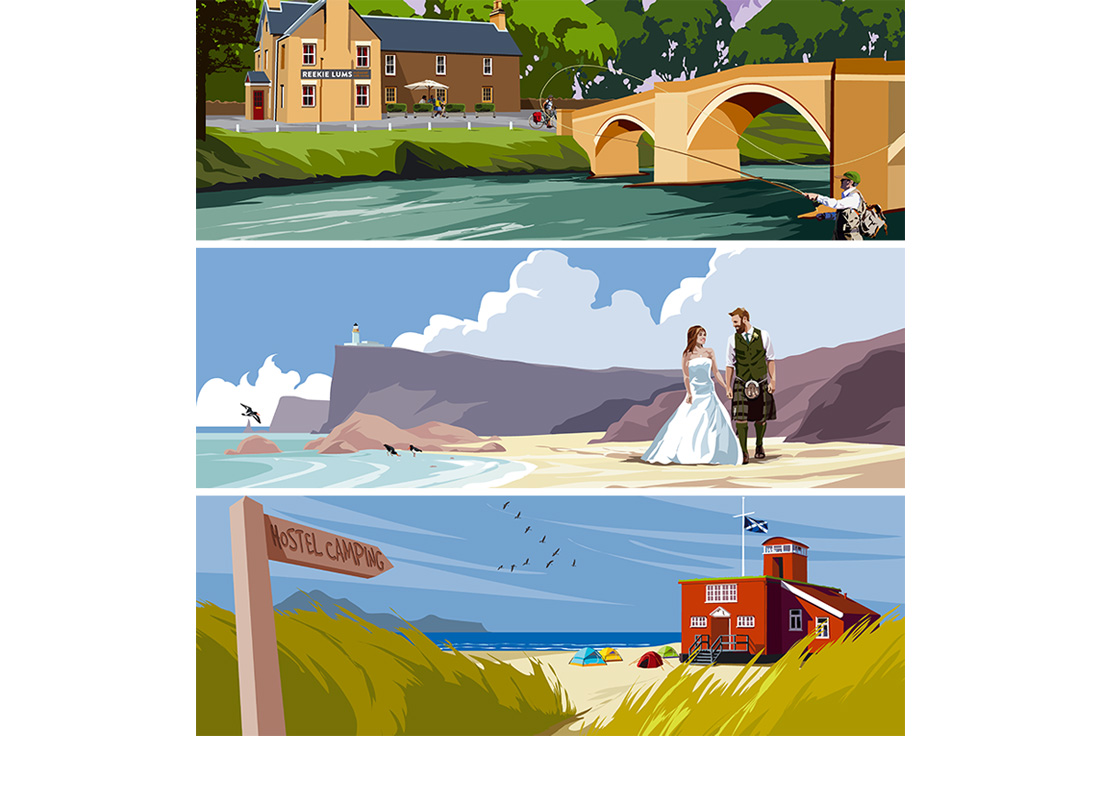 A Visit Scotland commission to produce over 20 illustrations showing the variety of accommodation available throughout Scotland.